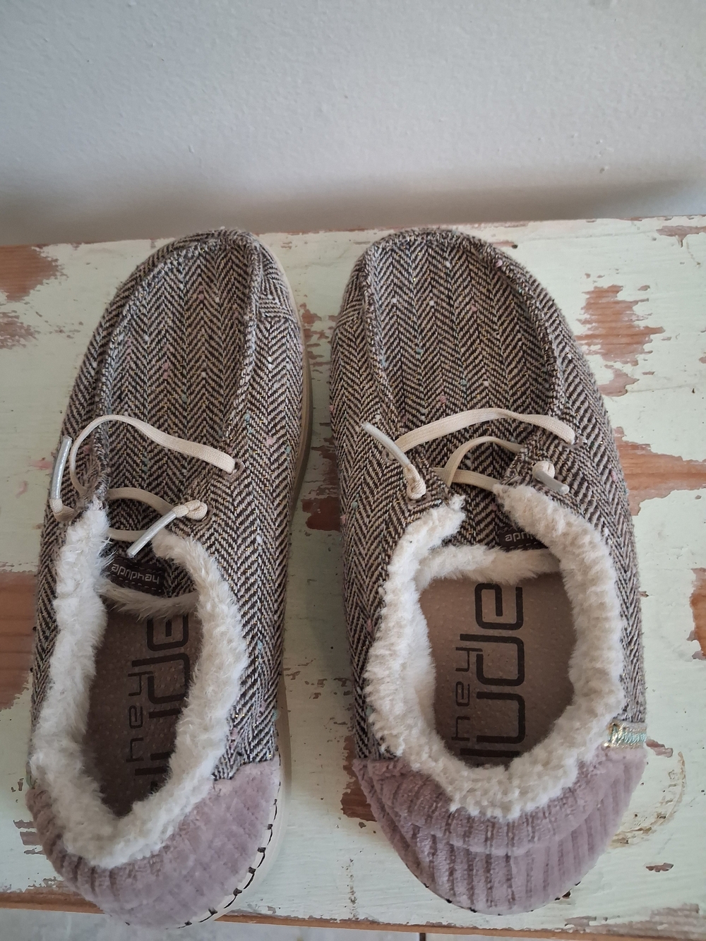 Hey Dude Cozy Herringbone Slip-On Slippers in Brown and Cream